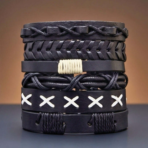 SHADOW STACK - 6 Pcs Genuine Leather Adjustable Bracelet for Men & Boys