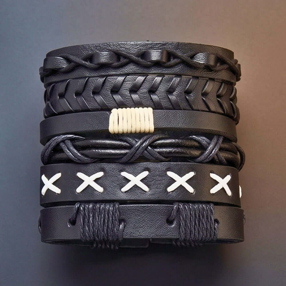 SHADOW STACK - 6 Pcs Genuine Leather Adjustable Bracelet for Men & Boys — Leather Bracelet for Men | THE MEN THING