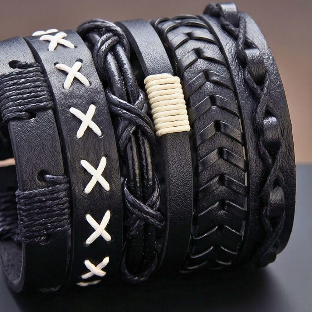 SHADOW STACK - 6 Pcs Genuine Leather Adjustable Bracelet for Men & Boys — Leather Bracelet for Men | THE MEN THING