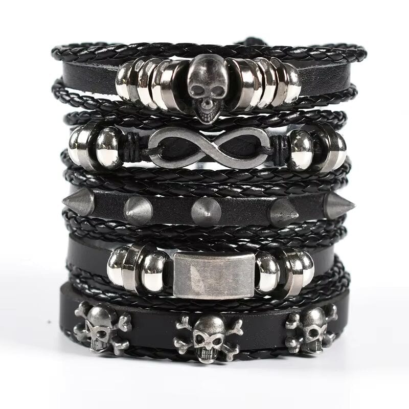 SHADOWFANG - 5 Pcs Genuine Braided Leather Bracelet Set for Men & Boys (8 inch) — Leather Bracelet for Men | THE MEN THING