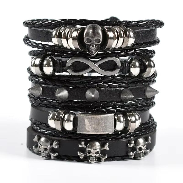SHADOWFANG -  5 Pcs Genuine Braided Leather Bracelet Set for Men & Boys (8 inch)