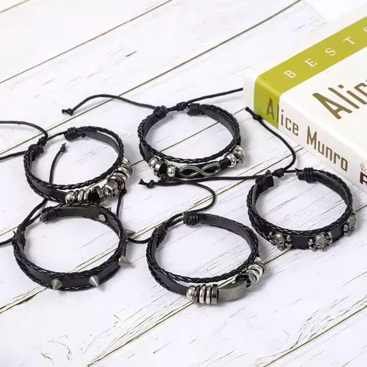 SHADOWFANG - 5 Pcs Genuine Braided Leather Bracelet Set for Men & Boys (8 inch) — Leather Bracelet for Men | THE MEN THING
