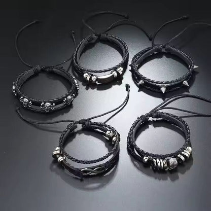 SHADOWFANG - 5 Pcs Genuine Braided Leather Bracelet Set for Men & Boys (8 inch) — Leather Bracelet for Men | THE MEN THING