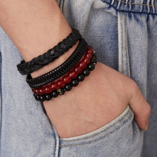 SHADOWFORGE BRACELET - 4 Pcs Genuine Braided Leather Bracelet Set for Men & Boys (8 inch) - THE MEN THING