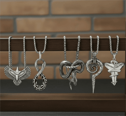 SHARP ARSENAL Collector's 5-Piece Strategic Pendant Set – SPIRAL WEAPON, WINGSPAN, SILVER MAMBA, FURIOUS INFINITY SNAKE, & INFINITY SNAKE Necklaces on 24 Inch Stainless Steel Chain for Mens and Boys — Necklace for Men | THE MEN THING