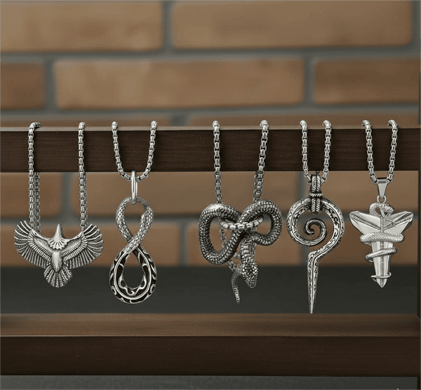 SHARP ARSENAL Collector's 5-Piece Strategic Pendant Set – SPIRAL WEAPON, WINGSPAN, SILVER MAMBA, FURIOUS INFINITY SNAKE, & INFINITY SNAKE Necklaces on 24 Inch Stainless Steel Chain for Mens and Boys