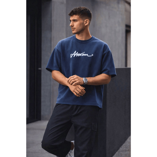 SIGNATURE WAVE Oversized T-Shirt – Navy Blue - THE MEN THING