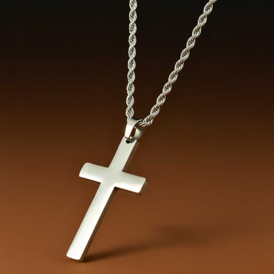 ENGRAVED - SILVER AURUM CROSS - 26mm Titanium Steel Pendant with 23inch Twisted Rope 4mm Chain for Men & Boys — SS Pendant/ Necklace for Men | THE MEN THING