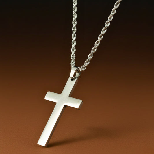 SILVER AURUM CROSS - 26mm Titanium Steel Pendant with 23inch Twisted Rope 4mm Chain for Men & Boys - THE MEN THING