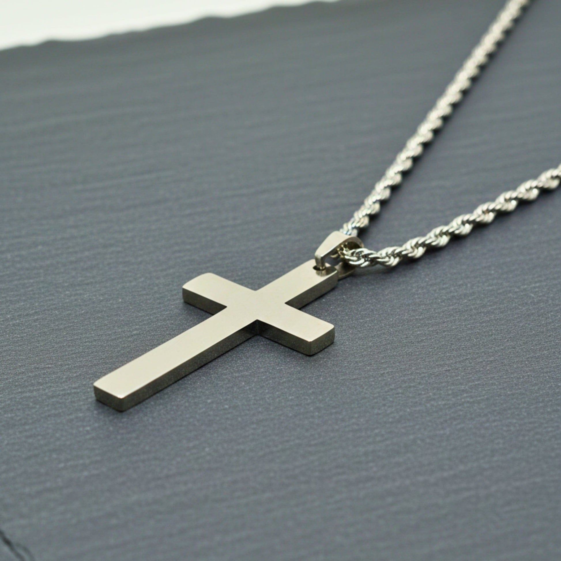 SILVER AURUM CROSS - 26mm Titanium Steel Pendant with 23inch Twisted Rope 4mm Chain for Men & Boys - THE MEN THING