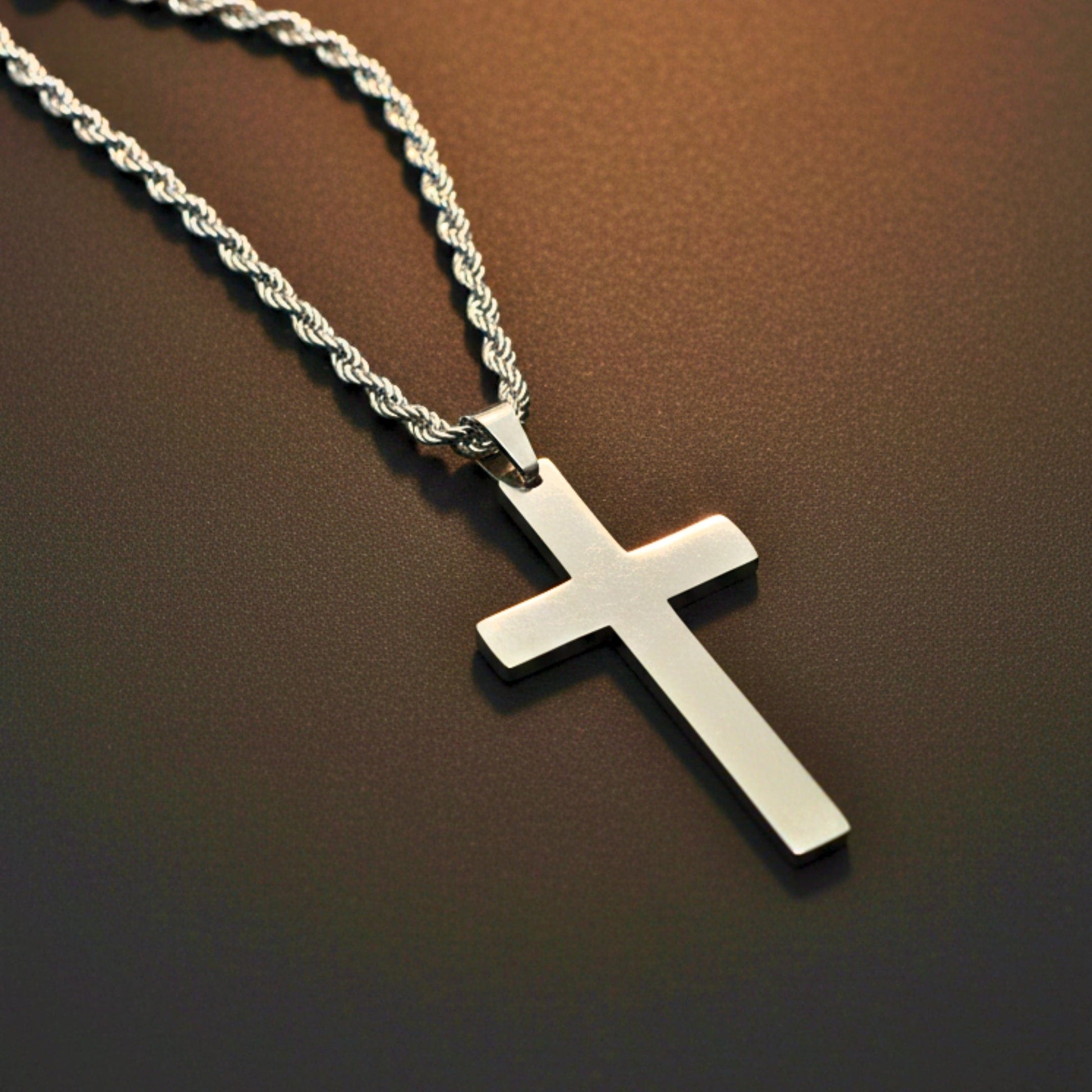 SILVER AURUM CROSS - 26mm Titanium Steel Pendant with 23inch Twisted Rope 4mm Chain for Men & Boys - THE MEN THING