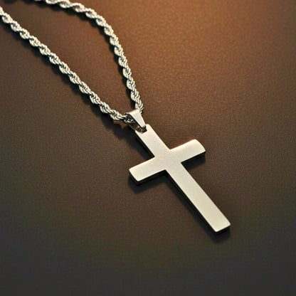 SILVER AURUM CROSS - 26mm Titanium Steel Pendant with 23inch Twisted Rope 4mm Chain for Men & Boys - THE MEN THING