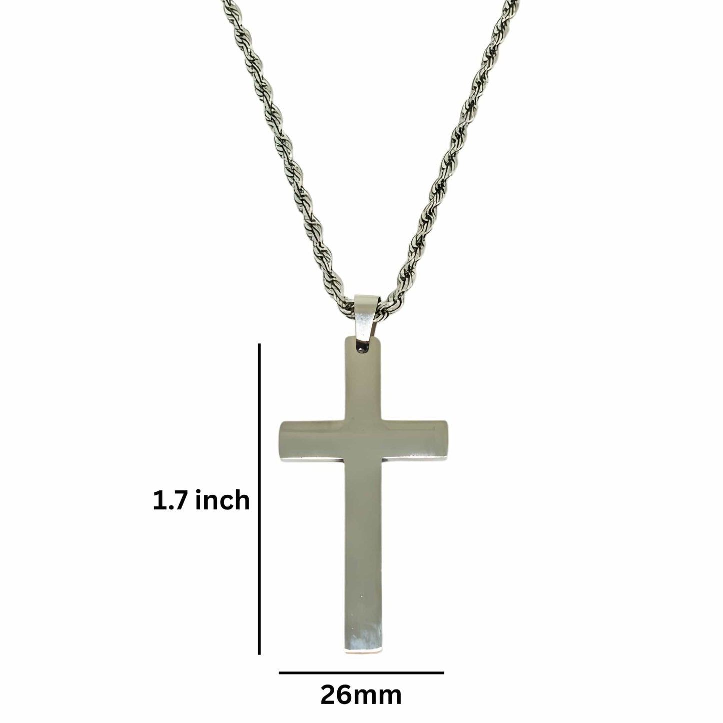 SILVER AURUM CROSS - 26mm Titanium Steel Pendant with 23inch Twisted Rope 4mm Chain for Men & Boys - THE MEN THING