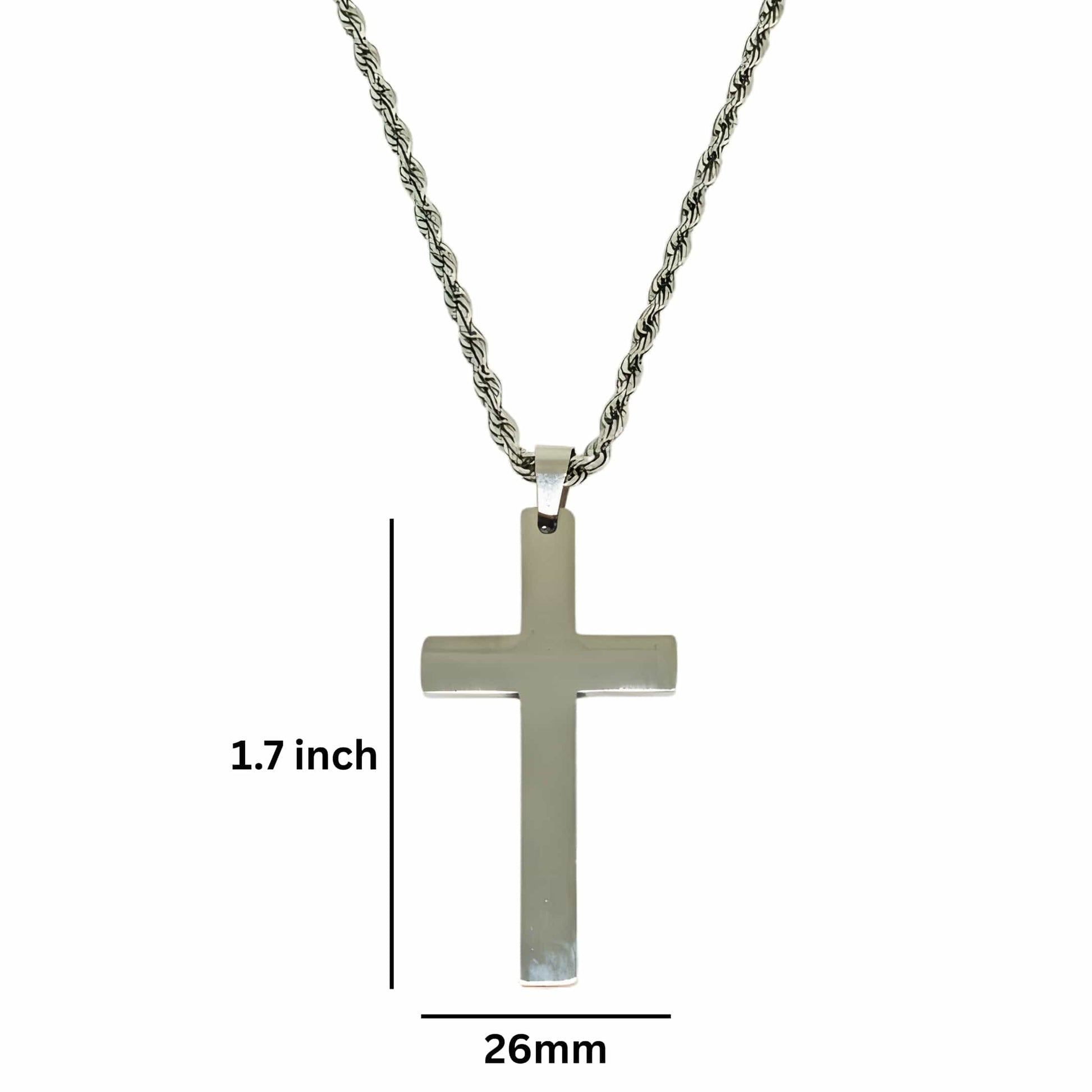 SILVER AURUM CROSS - 26mm Titanium Steel Pendant with 23inch Twisted Rope 4mm Chain for Men & Boys - THE MEN THING