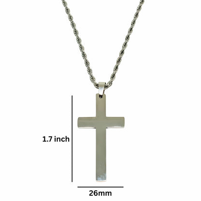 SILVER AURUM CROSS - 26mm Titanium Steel Pendant with 23inch Twisted Rope 4mm Chain for Men & Boys - THE MEN THING