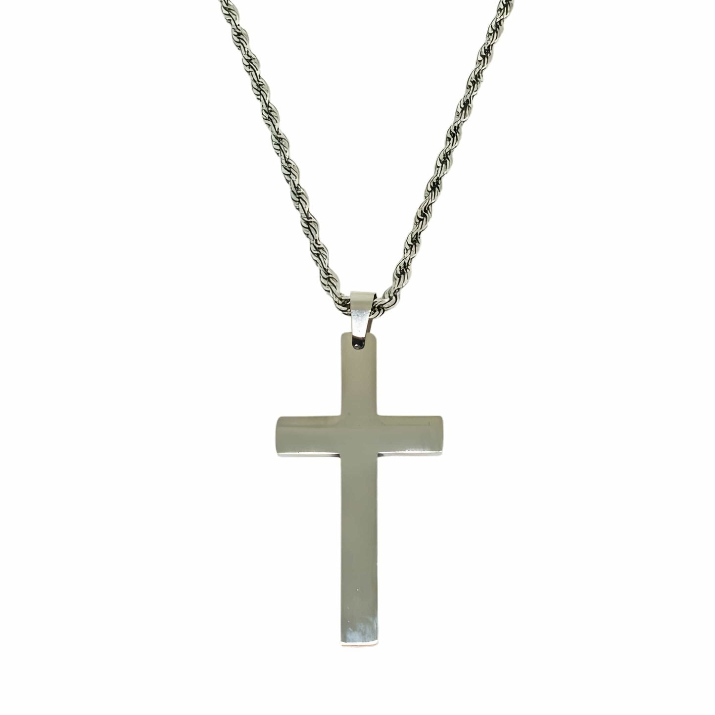 SILVER AURUM CROSS - 26mm Titanium Steel Pendant with 23inch Twisted Rope 4mm Chain for Men & Boys - THE MEN THING