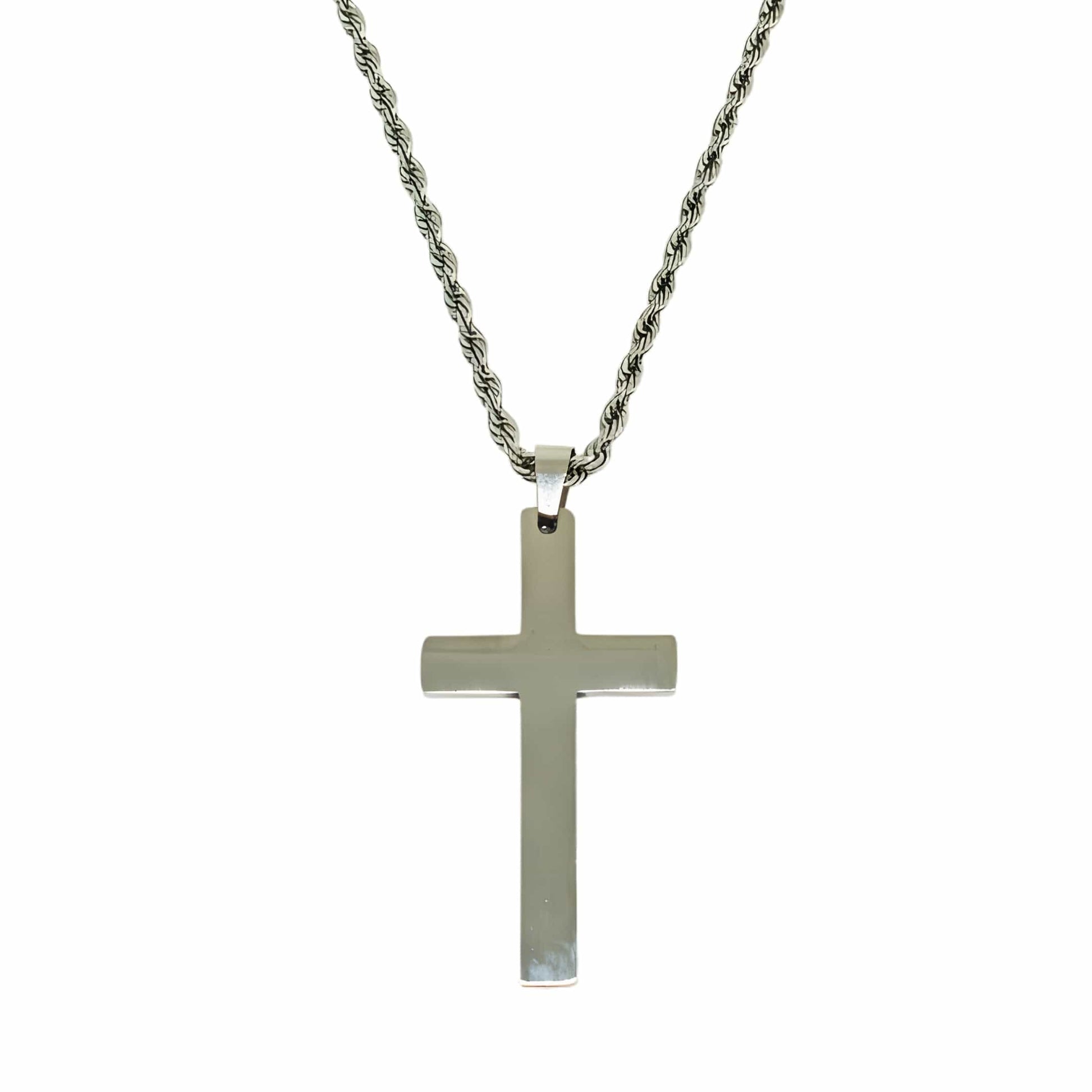 SILVER AURUM CROSS - 26mm Titanium Steel Pendant with 23inch Twisted Rope 4mm Chain for Men & Boys - THE MEN THING
