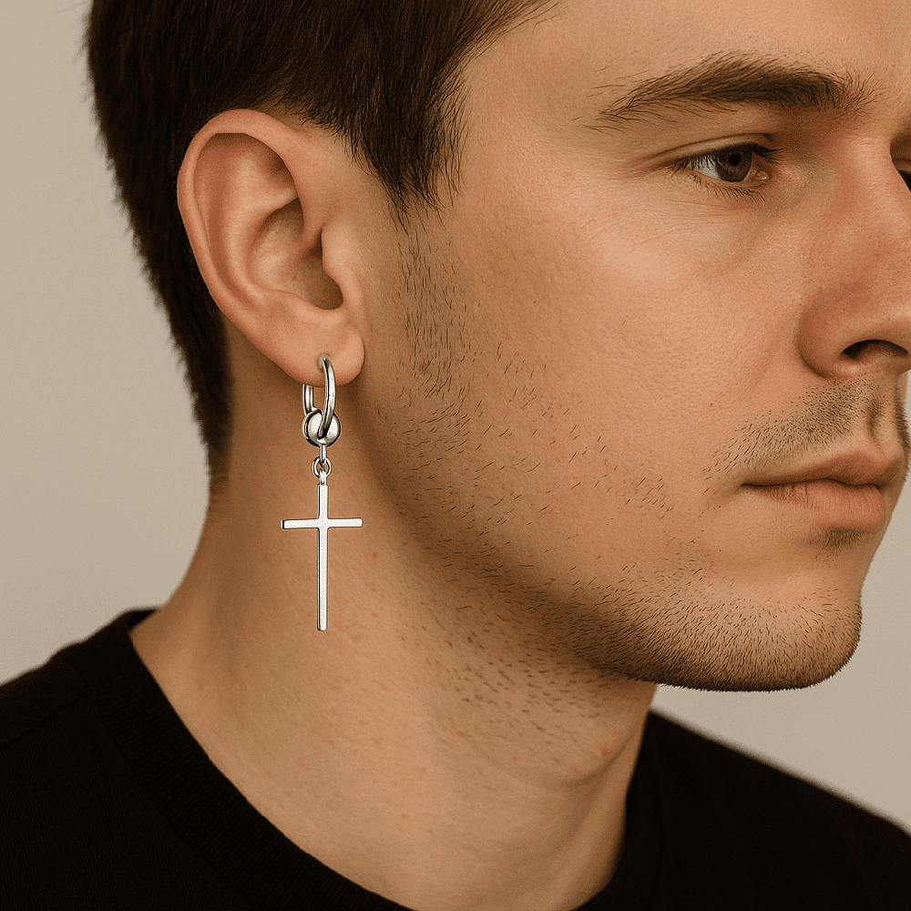 SILVER CRUX NOIR - Pure Titanium Steel Hoop Earrings for Men & Boys (2pcs) - THE MEN THING