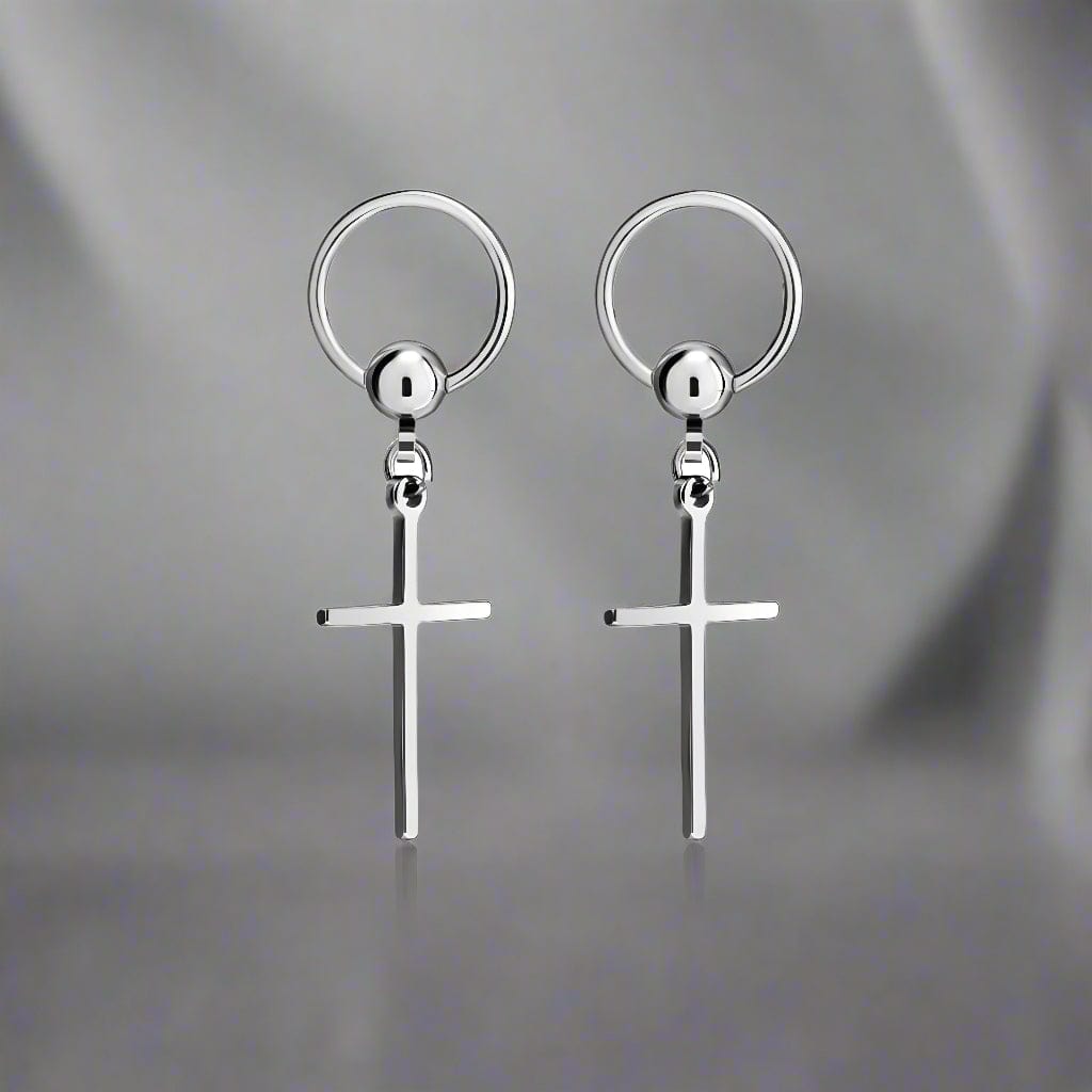 SILVER CRUX NOIR - Pure Titanium Steel Hoop Earrings for Men & Boys (2pcs) - THE MEN THING