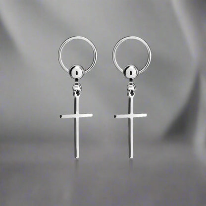 SILVER CRUX NOIR - Pure Titanium Steel Hoop Earrings for Men & Boys (2pcs) - THE MEN THING