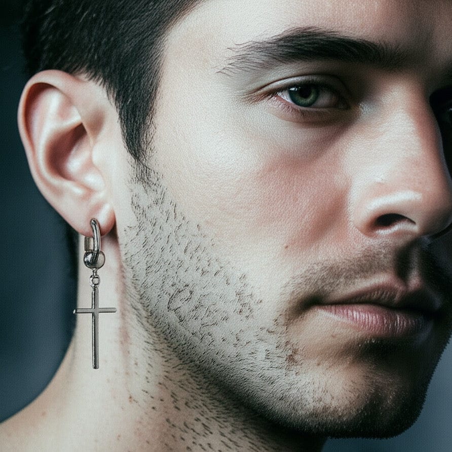 SILVER CRUX NOIR - Pure Titanium Steel Hoop Earrings for Men & Boys (2pcs) - THE MEN THING