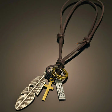 SILVER FEATHER OF FAITH – 2-Inch Pure Stainless Steel Pendant with Adjustable Leather Rope for Men & Boys