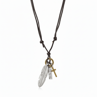 SILVER FEATHER OF FAITH – 2-Inch Pure Stainless Steel Pendant with Adjustable Leather Rope for Men & Boys