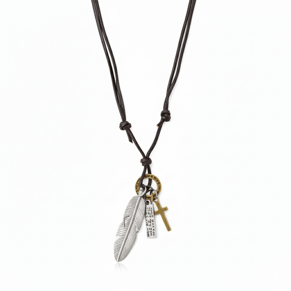 SILVER FEATHER OF FAITH – 2-Inch Pure Stainless Steel Pendant with Adjustable Leather Rope for Men & Boys