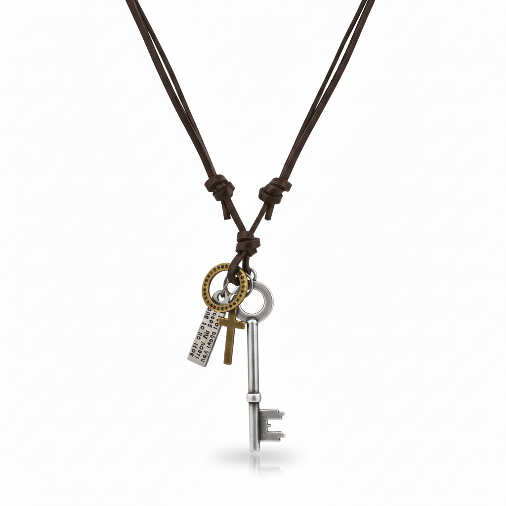 SILVER KEY OF FAITH – 2.5-Inch Pure Stainless Steel Pendant with Adjustable Leather Rope for Men & Boys — Leather Necklace for Men | THE MEN THING