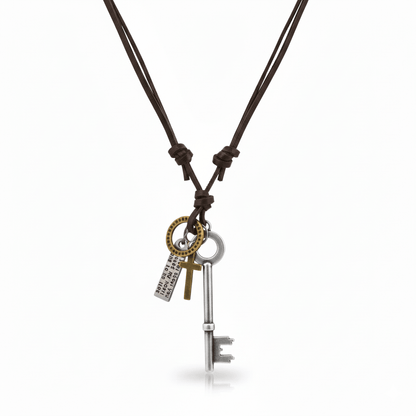 SILVER KEY OF FAITH – 2.5-Inch Pure Stainless Steel Pendant with Adjustable Leather Rope for Men & Boys — Leather Necklace for Men | THE MEN THING