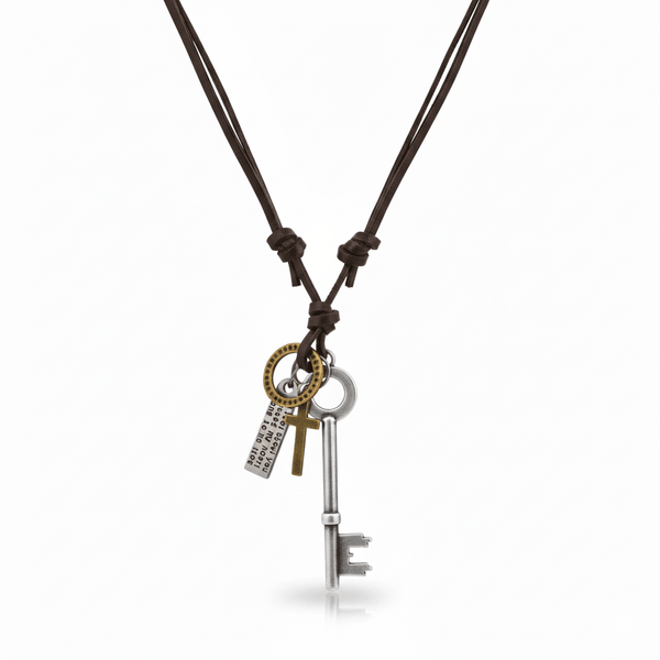 SILVER KEY OF FAITH   – 2.5-Inch Pure Stainless Steel Pendant with  Adjustable Leather Rope for Men & Boys