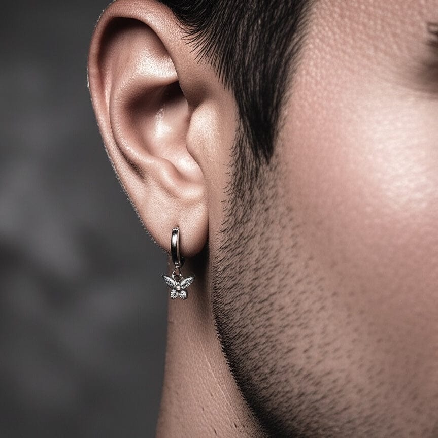 SILVER LUNA PAPILLON - Pure Titanium Steel Hoop Earrings for Men & Boys (2pcs) - THE MEN THING