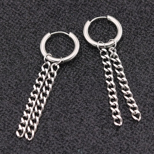 SILVER NOCTURNE LINK - 2mm Titanium Steel Hoop Earrings for Men & Boys (2 Pcs) - THE MEN THING