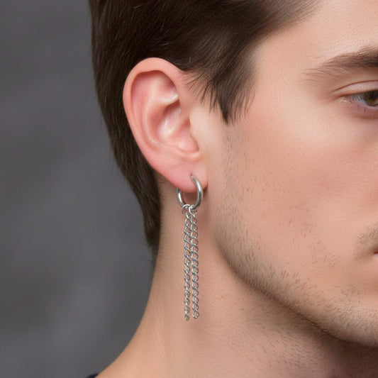 SILVER NOCTURNE LINK - 2mm Titanium Steel Hoop Earrings for Men & Boys (2 Pcs) - THE MEN THING