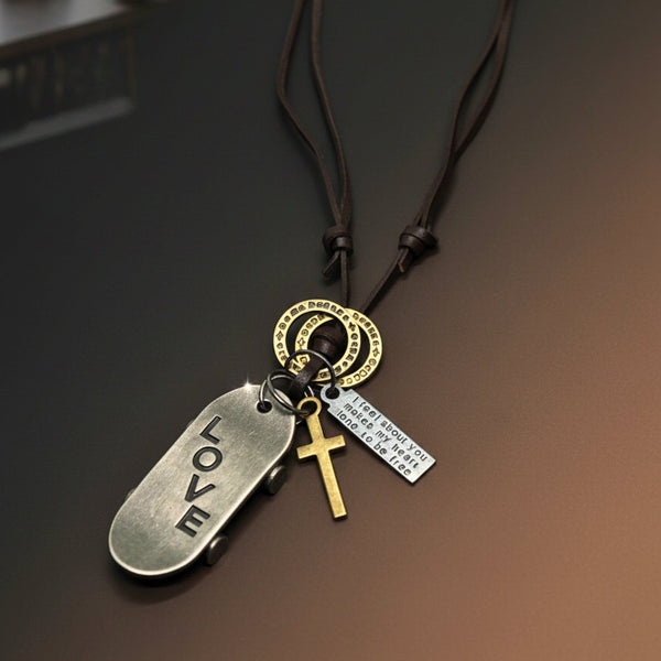SILVER SKATE LOVE – 2-Inch Pure Stainless Steel Pendant with Adjustable Brown Leather Rope for Men & Boys