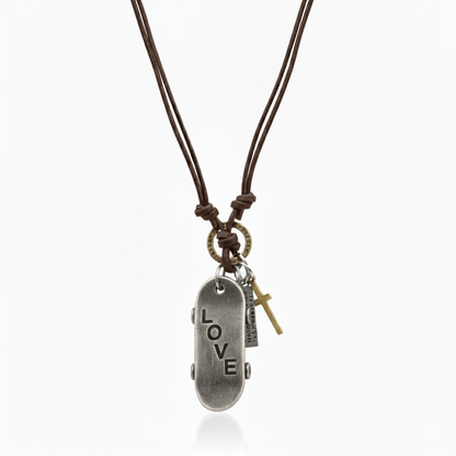 SILVER SKATE LOVE – 2-Inch Pure Stainless Steel Pendant with Adjustable Brown Leather Rope for Men & Boys - THE MEN THING
