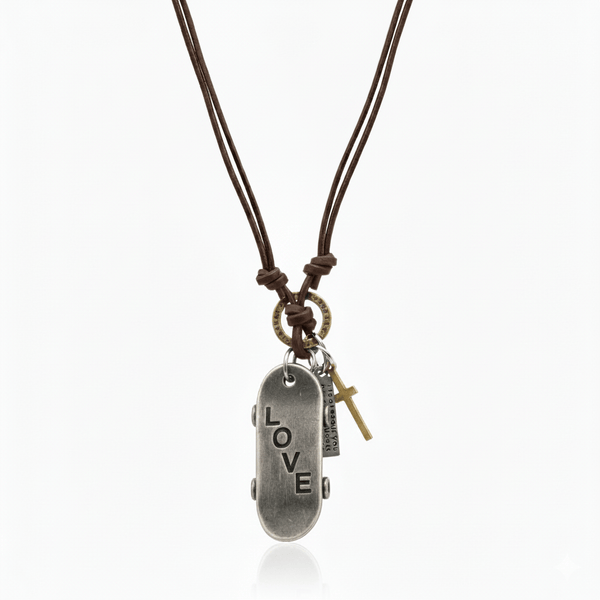 SILVER SKATE LOVE – 2-Inch Pure Stainless Steel Pendant with Adjustable Brown Leather Rope for Men & Boys