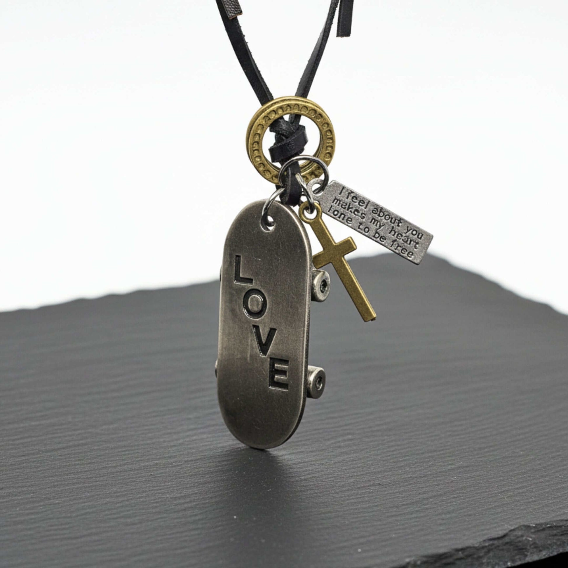 SILVER SKATE LOVE – 2-Inch Pure Stainless Steel Pendant with Adjustable Dark Brown Leather Rope for Men & Boys — Leather Necklace for Men | THE MEN THING