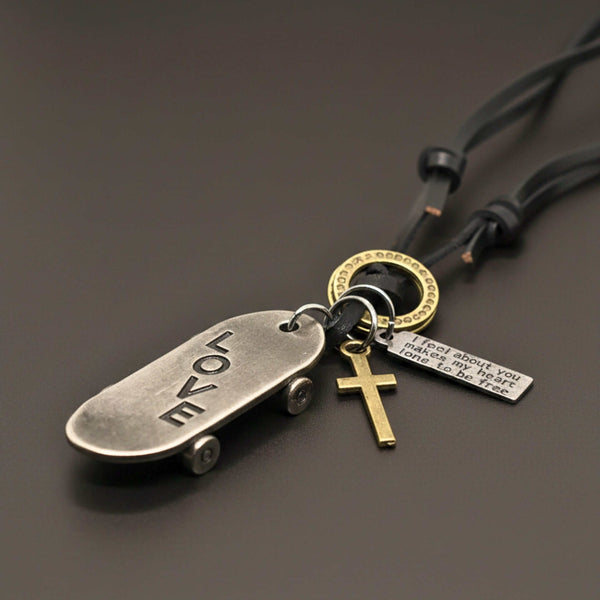 SILVER SKATE LOVE – 2-Inch Pure Stainless Steel Pendant with Adjustable Dark Brown Leather Rope for Men & Boys
