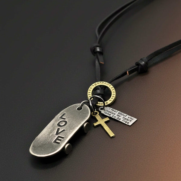 SILVER SKATE LOVE – 2-Inch Pure Stainless Steel Pendant with Adjustable Dark Brown Leather Rope for Men & Boys