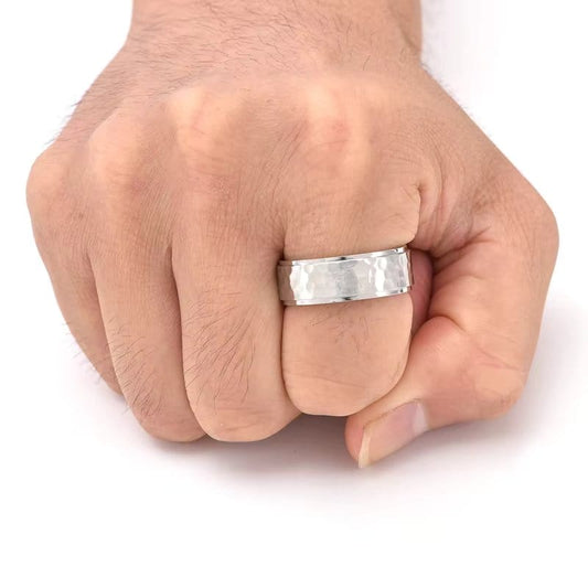 SILVERFORGE TITANIUM HAMMERED RING - Silver Toned Ring - Pure Titanium Steel Ring for Men Size - 21 - THE MEN THING