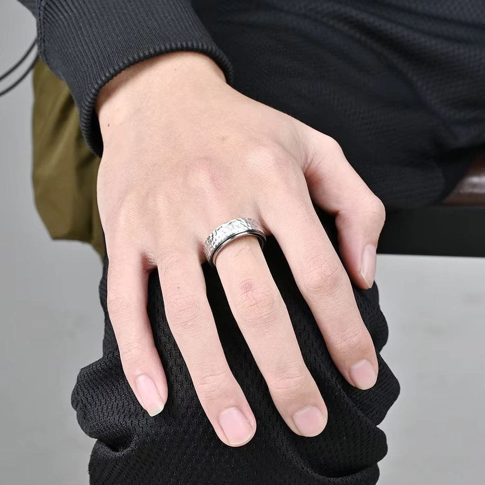 SILVERFORGE TITANIUM HAMMERED RING - Silver Toned Ring - Pure Titanium Steel Ring for Men Size - 21 - THE MEN THING
