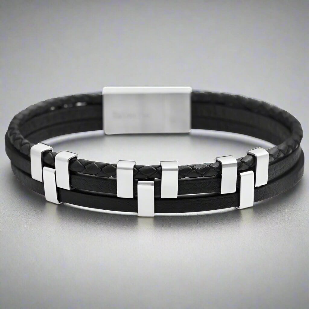 SINEW BLACK - Genuine Leather Multi-Layer Braided Bracelet with Stainless Steel Open Box Clasps for Men & Boys (8 inch) - THE MEN THING