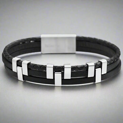 SINEW BLACK - Genuine Leather Multi-Layer Braided Bracelet with Stainless Steel Open Box Clasps for Men & Boys (8 inch) - THE MEN THING