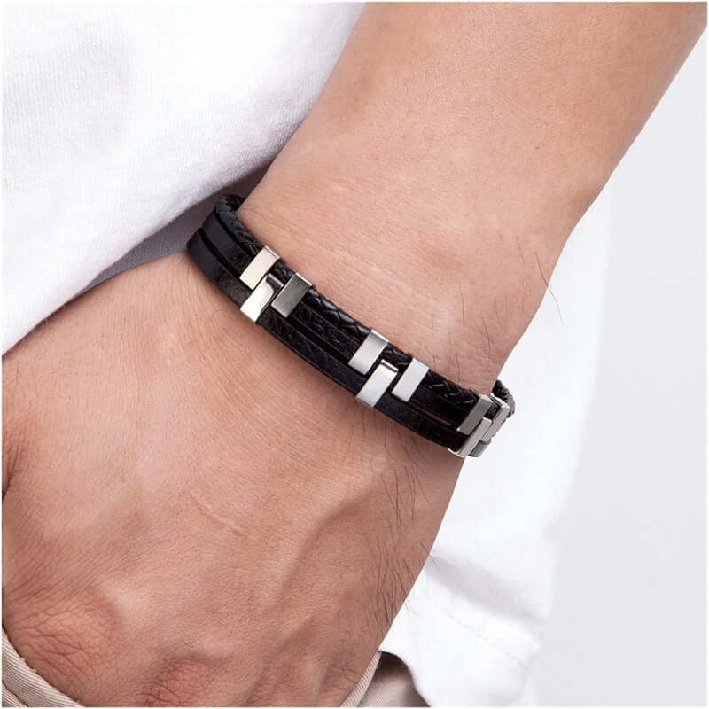 SINEW BLACK - Genuine Leather Multi-Layer Braided Bracelet with Stainless Steel Open Box Clasps for Men & Boys (8 inch) - THE MEN THING
