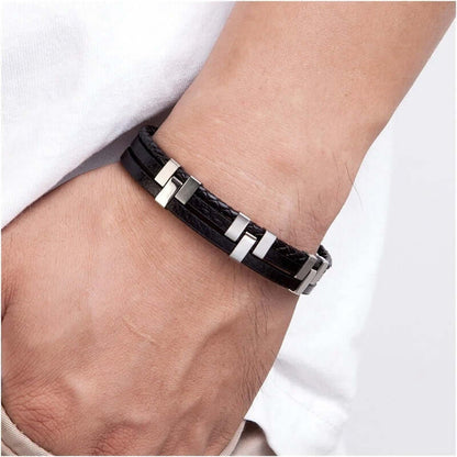 SINEW BLACK - Genuine Leather Multi-Layer Braided Bracelet with Stainless Steel Open Box Clasps for Men & Boys (8 inch) - THE MEN THING