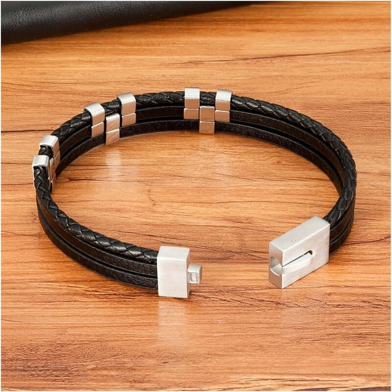 SINEW BLACK - Genuine Leather Multi-Layer Braided Bracelet with Stainless Steel Open Box Clasps for Men & Boys (8 inch) - THE MEN THING