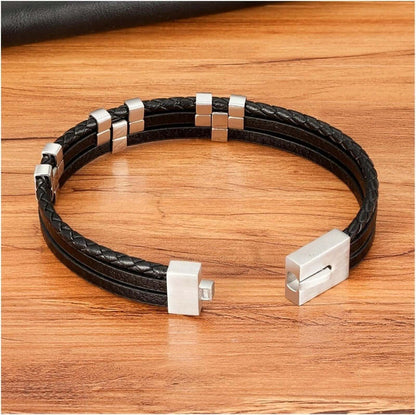 SINEW BLACK - Genuine Leather Multi-Layer Braided Bracelet with Stainless Steel Open Box Clasps for Men & Boys (8 inch) - THE MEN THING