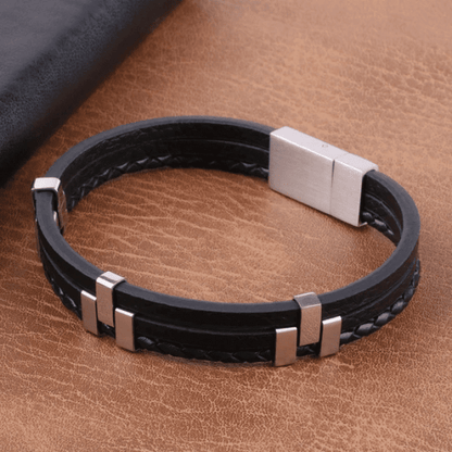SINEW BLACK - Genuine Leather Multi-Layer Braided Bracelet with Stainless Steel Open Box Clasps for Men & Boys (8 inch) - THE MEN THING