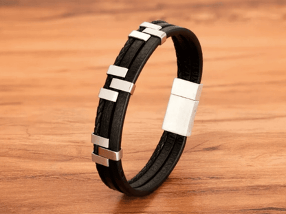 SINEW BLACK - Genuine Leather Multi-Layer Braided Bracelet with Stainless Steel Open Box Clasps for Men & Boys (8 inch) - THE MEN THING